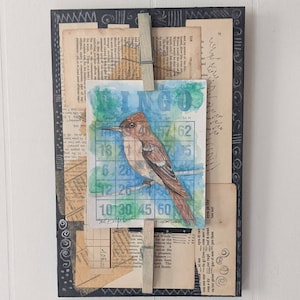 Bird Art Original Watercolor Mixed Media Painting &quot;Flycatcher Bird Bingo&quot;