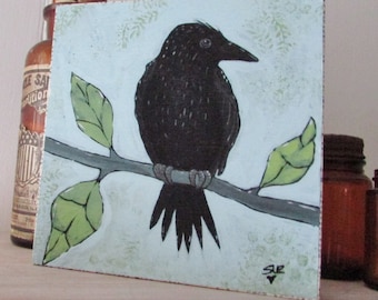 Impresión artística de cuervo sobre madera: Impresión giclée de córvidos, decoración de pared de bosque