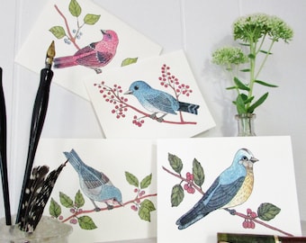 Bird Note Cards Blank Set /4-Birds with Berries-Whimsical Birds-Red Blue-Invitations-Get Well-Thinking of you Cards-Teacher Gift-Woodland