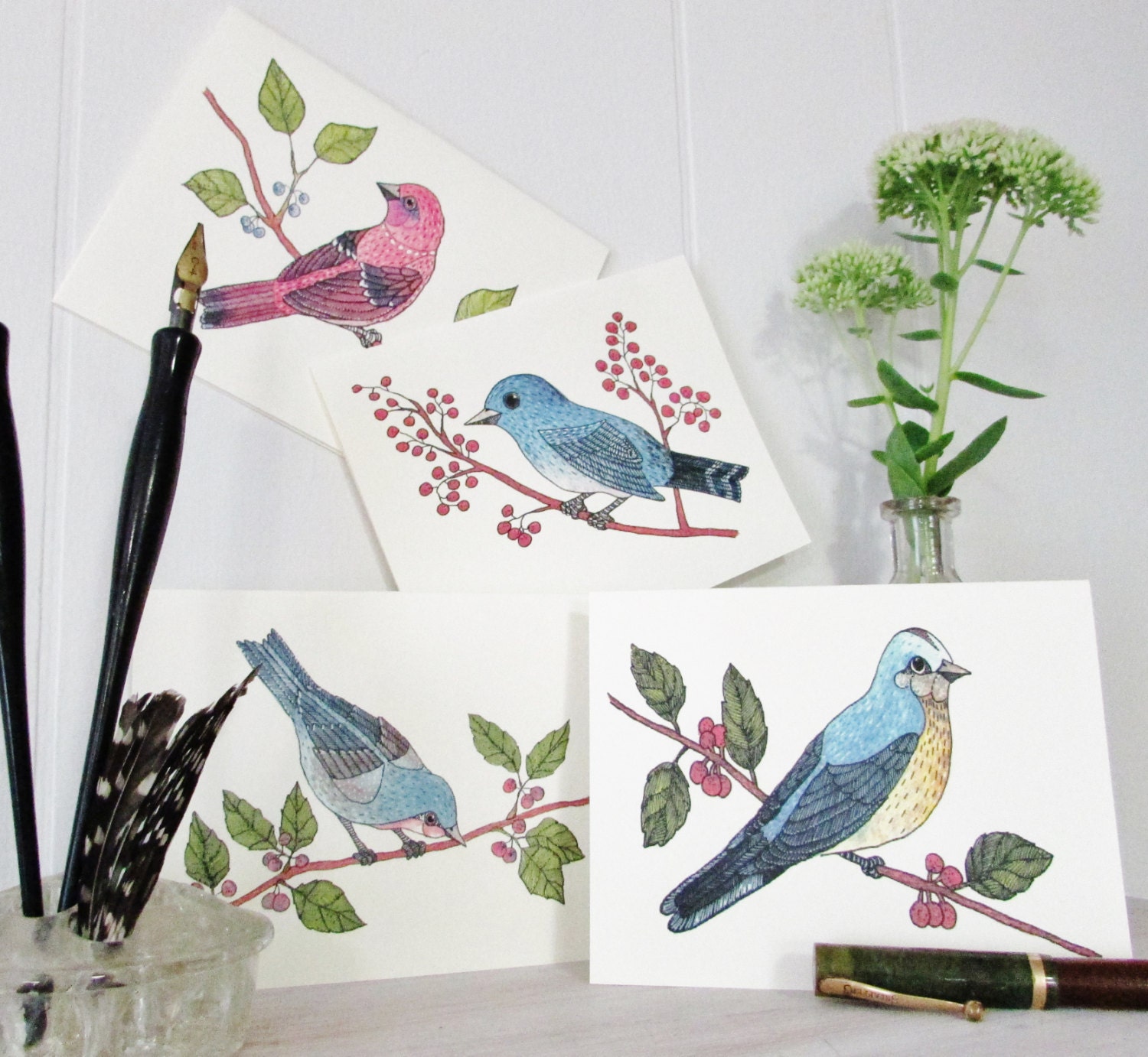 Bird Note Cards Blank Set /4Birds with BerriesWhimsical Etsy España