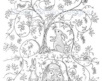 DIY Wall Decor -Printable Coloring Page - Bunnies in the Bramble - Rabbit - Bunny - Woodland Wall Art - Folk Art  - DIY Nursery Art - Forest