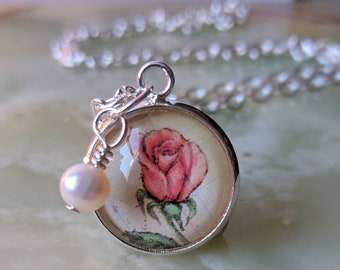 June Rose Flower of the Month Pendant, Birth Stone Crystal, Pearl, Pink Flower Pendant, June Birthday Gift, Bridesmaids Gift