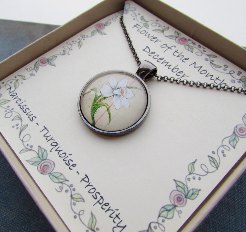 December Birth Month Flower Necklace Narcissus Flower Pendant 25 mm Round Glass Pendant Birthday Gift for Friend Mother's Day Gift image 7