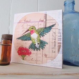Hummingbird & Aster Giclee Print on Wood: Folk Art Wall Decor