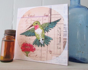 Hummingbird & Aster Giclee Print on Wood: Folk Art Wall Decor