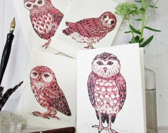 Owl Note Cards - Set of 4 Assorted Owls - Brown Sepia Tones - Woodland - Forest - Fathers Day Gift - Thank You Cards - Teacher Gift - Owls