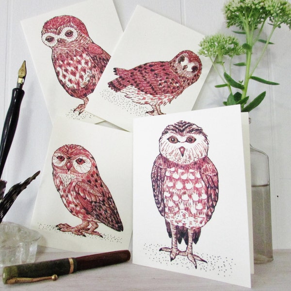 Owl Note Cards - Set of 4 Assorted Owls - Brown Sepia Tones - Woodland - Forest - Fathers Day Gift - Thank You Cards - Teacher Gift - Owls