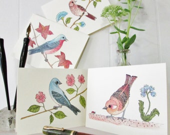 Note Cards Blank Set/4 Assorted Birds with Flowers-Blue Bird Brown Bird-Whimsical Bird-Invitations-Thank You-Get Well-Birthday Gift