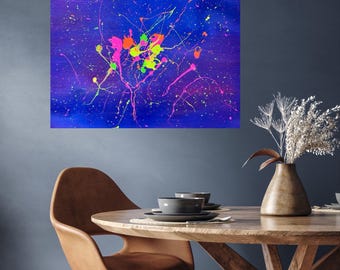 Acrylic painting on canvas | Neon paint splashes | Abstract action painting art on blue | 60 x 80 cm unique piece | Art for the living room