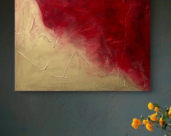 Schilderijen | Acrylverf | Abstracte kunst | Textuurpasta | 60 x 80 cm | Acryl op canvas | Rood & goud | 3D-effect schilderijen | Moderne kunst
