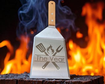 Espátula para hamburguesas personalizada - Espátula para hamburguesas Smash grabada - Volteador de hamburguesas personalizado - Herramienta de acero para barbacoa con mango de madera