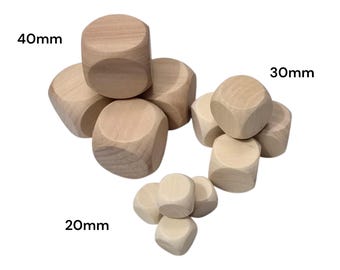Set of 4 Wooden Plain Dice, Dices Cube, Cubes, Blank Plain Unpainted Wood Six Sided D6 20mm, 30mm, 40mm