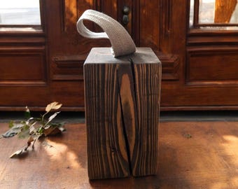 Reclaimed Wood Door Stop – Rustic Doorstop with Jute Handle – Solid Wood Doorstopper – Custom Height Available