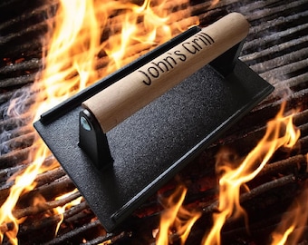 Personalized Cast Iron Burger Press - Custom Engraved Smash Burger, Hamburger - Griddle Tool | BBQ Grill Essential