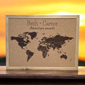 Personalized World Map Cork Board with Wooden Frame - Custom Travel Map with Names & Quote - Unique Gift for Couples, Families, or Travelers
