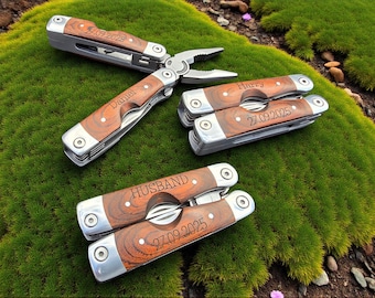 Multiherramienta grabada personalizada con funda: regalo personalizado para él, camping, pesca, bricolaje, padrinos de boda y el Día del Padre.