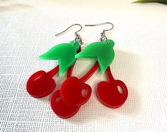 Cherry Acrylic Earrings | Fruit Retro Inspired Dangle Earrings