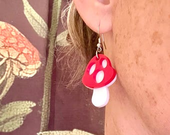 Red Mushroom Acrylic Earrings | Lightweight Cottagecore Dangle Earrings