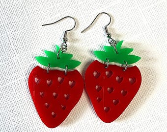 Strawberry Acrylic Earrings | Laser Cut Hearts, Silver-Tone Hooks