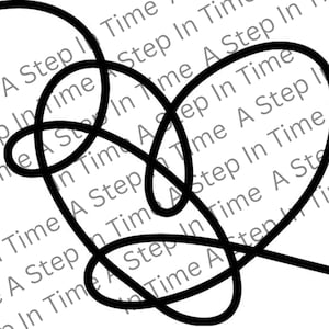 May include: A black, continuous line drawing forming a heart shape. The background is a repeating pattern of the text "A Step In Time" in grey, providing a subtle contrast to the main subject.