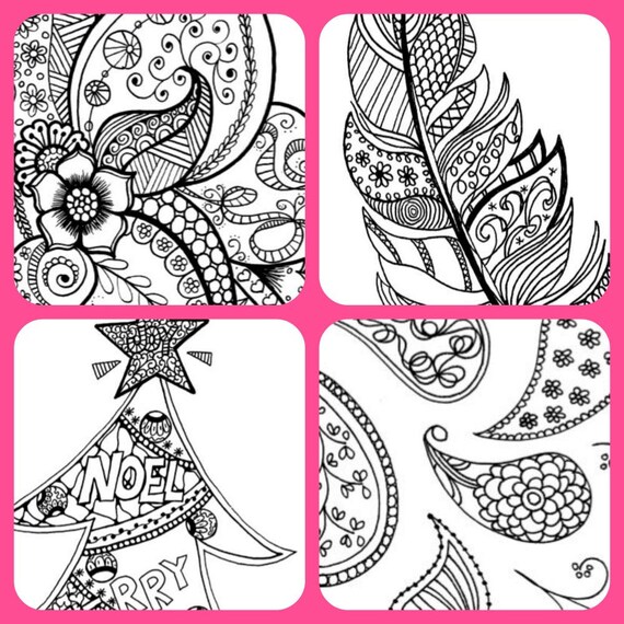 Download Zentangle Feather Flower Christmas Tree Doodle Coloring | Etsy