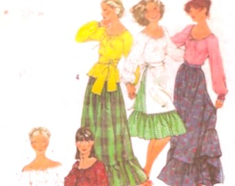 70s Boho peasant top skirt Simplicity 8244 ruffled Apron sash vintage Mexican Spanish style sewing pattern Size 12 CUT