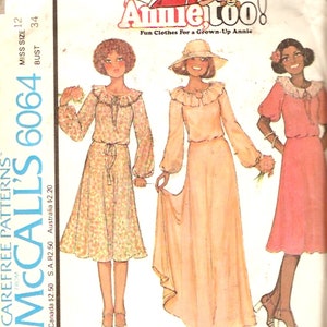 May include: A vintage sewing pattern for a dress or a bridal gown. The pattern is for Misses' sizes 12-34. The pattern is from McCall's and is number 6064. The pattern features three different styles of dresses, all with a ruffled neckline. The pattern is titled "Carefree Patterns" and "Amme.too! Fun Clothes For a Grown-Up Annie".