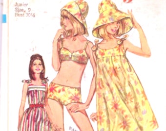 60s Mod bikini McCalls 7796 beach dress hat retro vintage sewing pattern Size 9 CUT Junior teen sizing