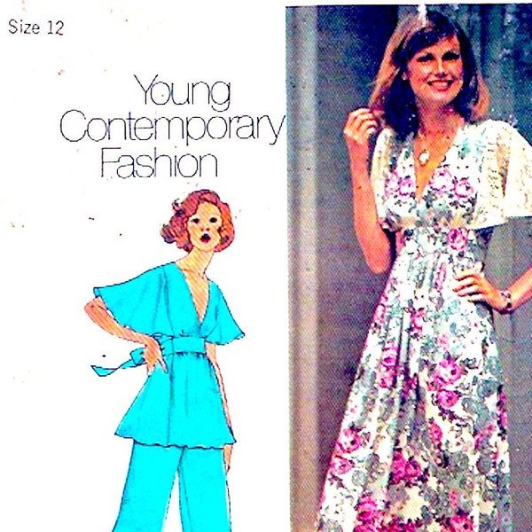 Simplicity 6710 sewing pattern 70s era Butterfly dress top pants summer spring grad bridesmaid evening wear vintage Size 12 bust 34 UNCUT