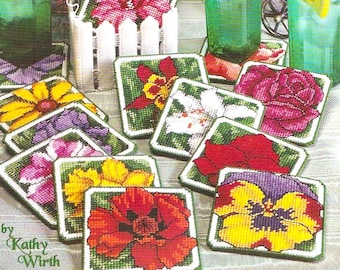 DIY Flower Coasters Plastic Canvas American School of Needlecraft crafts booklet Floral gifts gardener Designs By Kathy Wirth