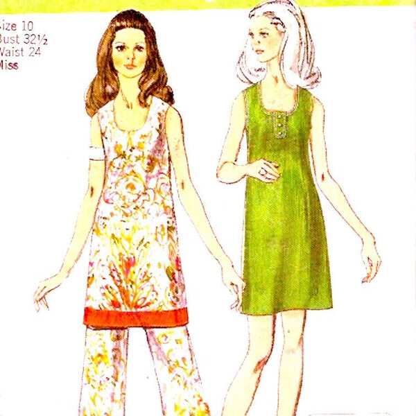 Simplicity 8730 mini dress flared pants Summer retro vintage sewing pattern  Size 10 CUT 1970s era