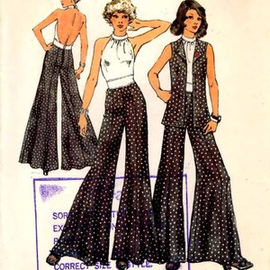 May include: A vintage sewing pattern featuring three women wearing different styles of trousers with a polka dot pattern. The pattern includes instructions for making a halter top, a waistcoat, and wide-legged trousers.