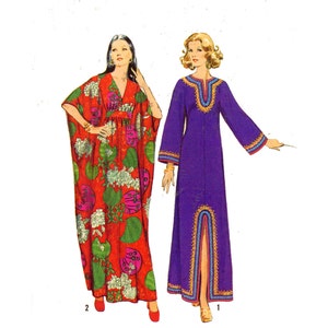 May include: Two long, flowing dresses. The dress on the left is red with a floral print. The dress on the right is purple with gold trim. Both dresses have long sleeves and a V-neck.