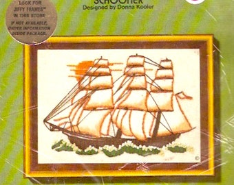 Schooner Mariner Embroidery Nautical style 70s Jiffy Stitchery Kit No 827 DIY Needlepoint Vintage Unopened Sunset designs 1977