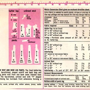 May include: A vintage sewing pattern for a halter top, unlined vest, and wide leg trousers. The pattern includes instructions and fabric requirements for sizes 8 to 16. The pattern is printed on pink paper with black text and illustrations.