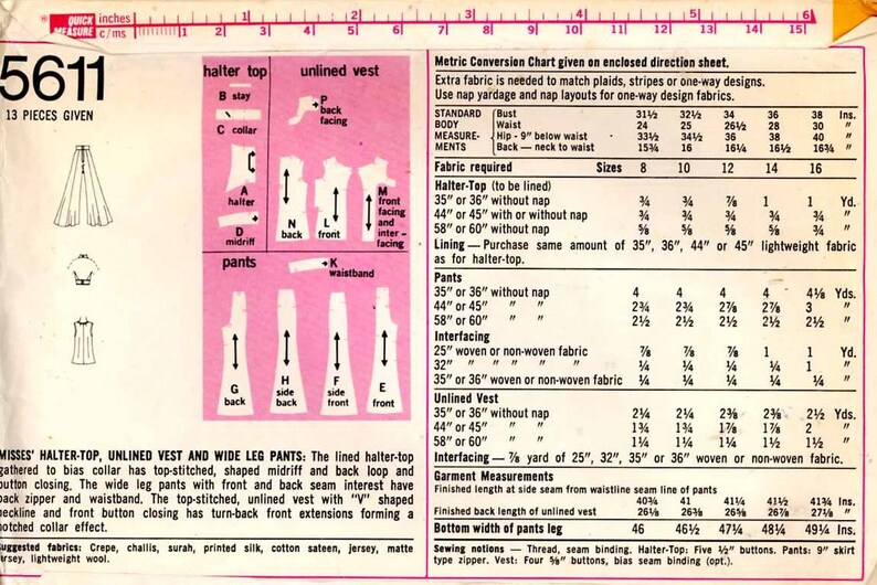 May include: A vintage sewing pattern for a halter top, unlined vest, and wide leg trousers. The pattern includes instructions and fabric requirements for sizes 8 to 16. The pattern is printed on pink paper with black text and illustrations.