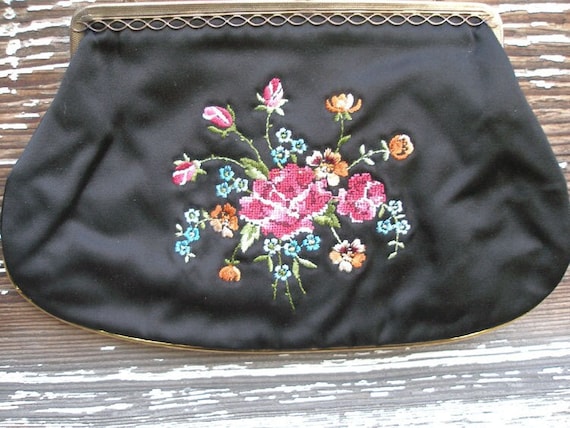 Vintage Steiner tapestry purse Black and Rose Flo… - image 1