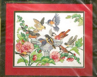 Bucilla 40863 counted cross stitch Garden Bird Bath embroidery kit bird lover design UNOPENED Still sealed 90s Needlework