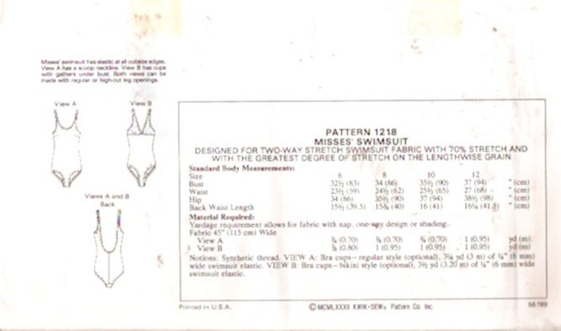 80s Kwik Sew 1218 One piece swimsuit vintage sewing pattern Sz 6 to 12 UNCUT bathing suit image 2