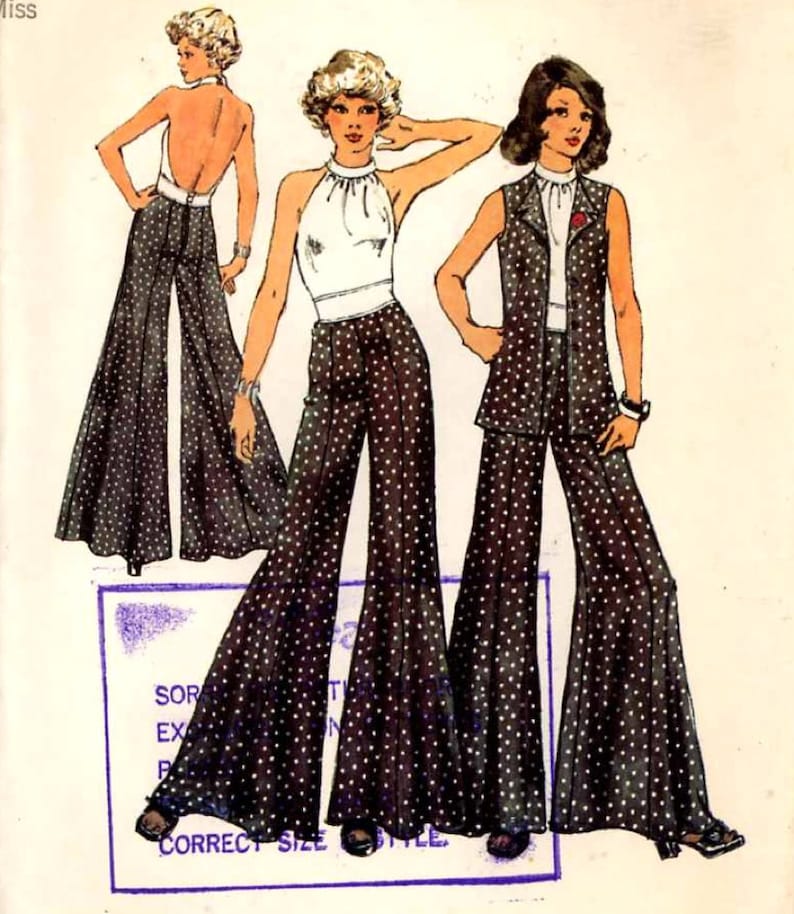 May include: A vintage sewing pattern featuring three women wearing different styles of trousers with a polka dot pattern. The pattern includes instructions for making a halter top, a waistcoat, and wide-legged trousers.