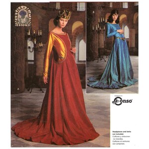May include: Two women wearing medieval style gowns. The woman on the left is wearing a red gown with gold accents and a crown. The woman on the right is wearing a blue gown with a gold belt. The image includes the text "TRIMMING" and "Conso".
