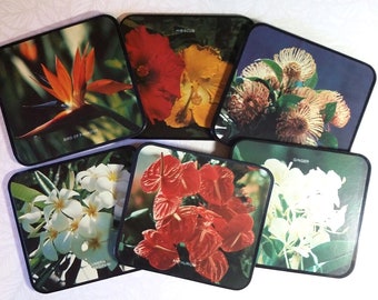 Hawaiian Flower Coasters Set of 6 Vintage home decor Gardeners Gift Souvenir Memory Spring summer Flowers