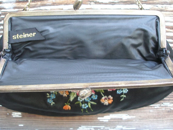 Vintage Steiner tapestry purse Black and Rose Flo… - image 3