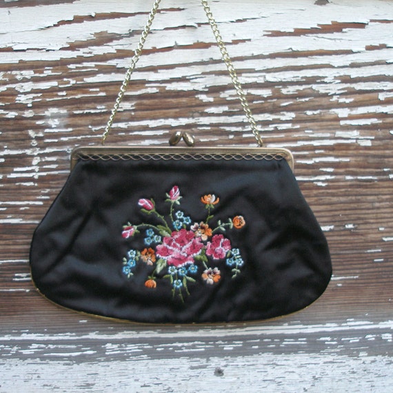Vintage Steiner tapestry purse Black and Rose Flo… - image 5