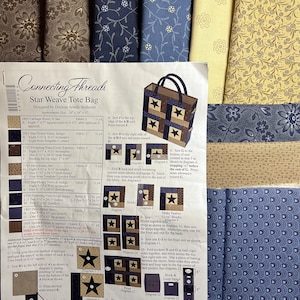 May include: Instructions for a star weave tote bag sewing project. The pattern includes a diagram of the tote bag, fabric requirements, and step-by-step instructions for creating the bag.