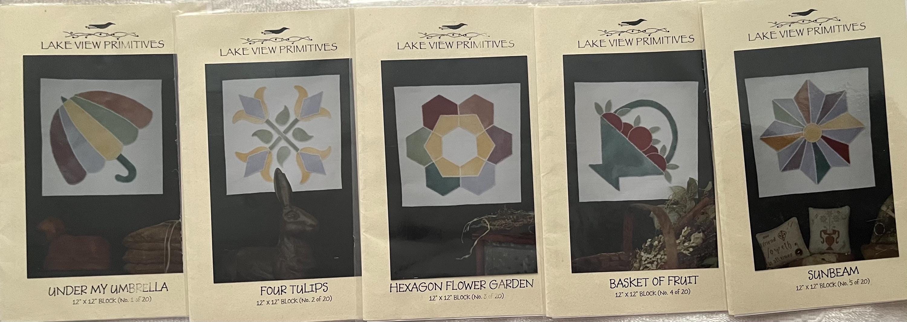 Lake View Primitives Vintage 1930’s Wool Bed Rug 20 Pattern Set + 20 12” x 12” background felt squares 60” x 74”