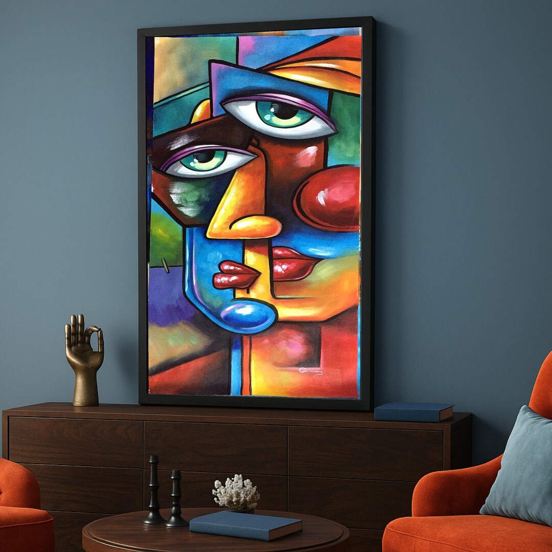 Vibrant Cubist Face Portrait Canvas, Abstract Modern Art Wall Decor ...