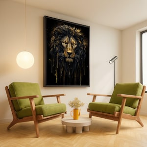 Art mural majestueux sur toile portrait de lion, imprimé animal doré et noir, décoration animalière abstraite, peinture tête de lion féroce, maison moderne