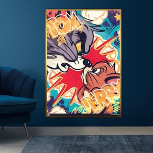 Cartoon Cat and Mouse Pop Art Canvas, Colorful Animation Wall Art, Fun Comic Style Poster, Wall Art Canvas Design, Ready to Hang