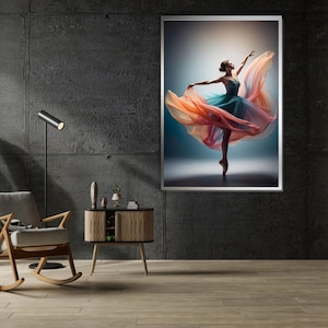 Ballett Grace Leinwand, Elegante Tänzerin Wandkunst, Fließendes Kleid Poster, Ballett Wand Kunst Leinwand-Design, Bereit zum Aufhängen Wohndekor